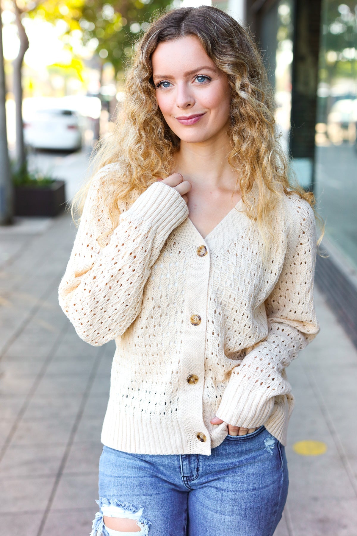 Oatmeal Pointelle Knit Button Down Cardigan