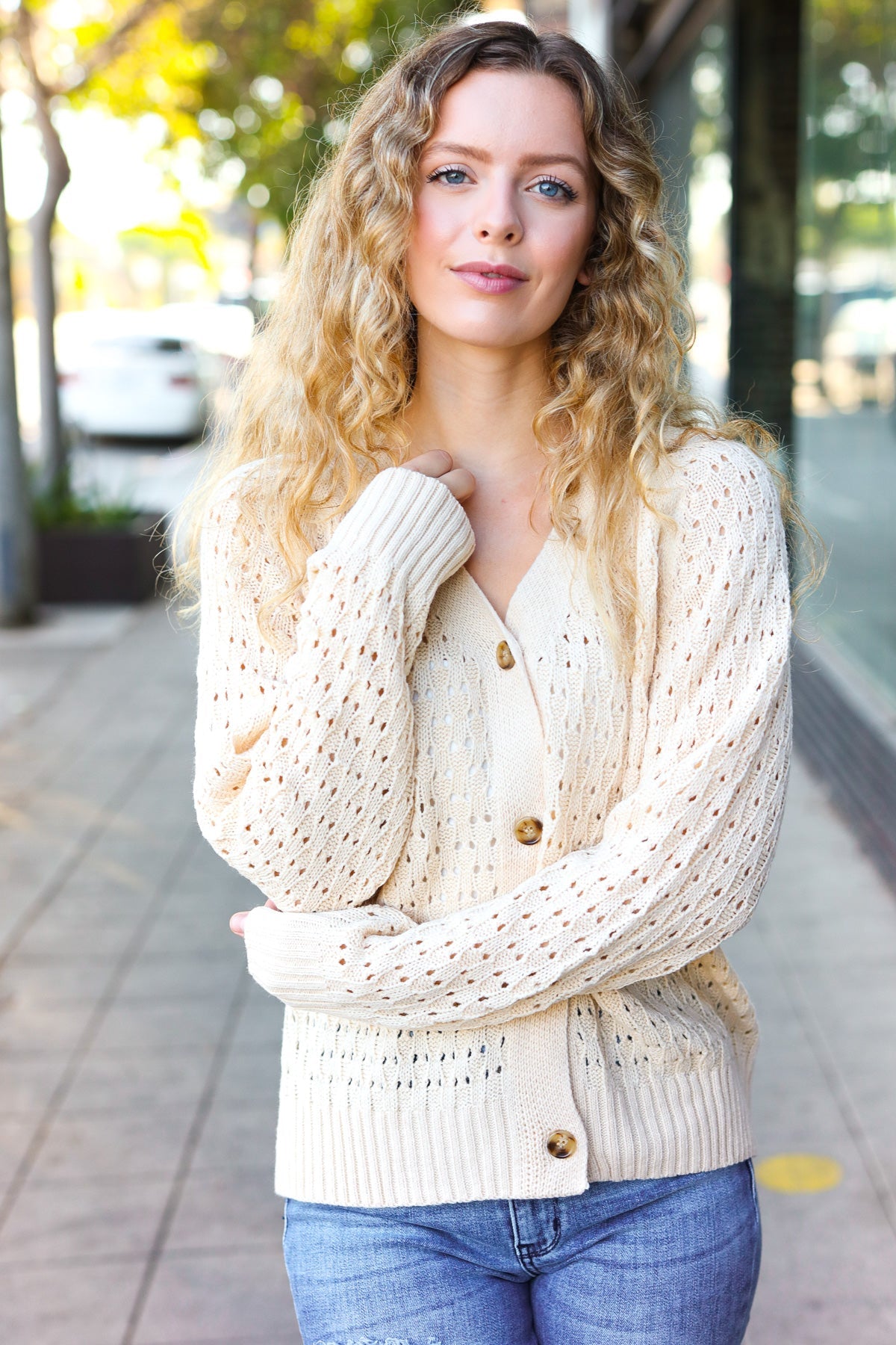 Oatmeal Pointelle Knit Button Down Cardigan