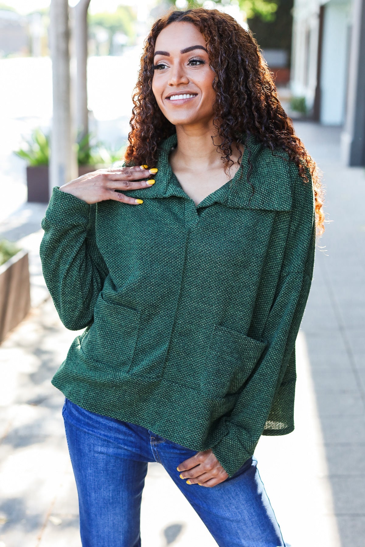 Olive Textured Knit Notch Neck Oversized Collar Sweater