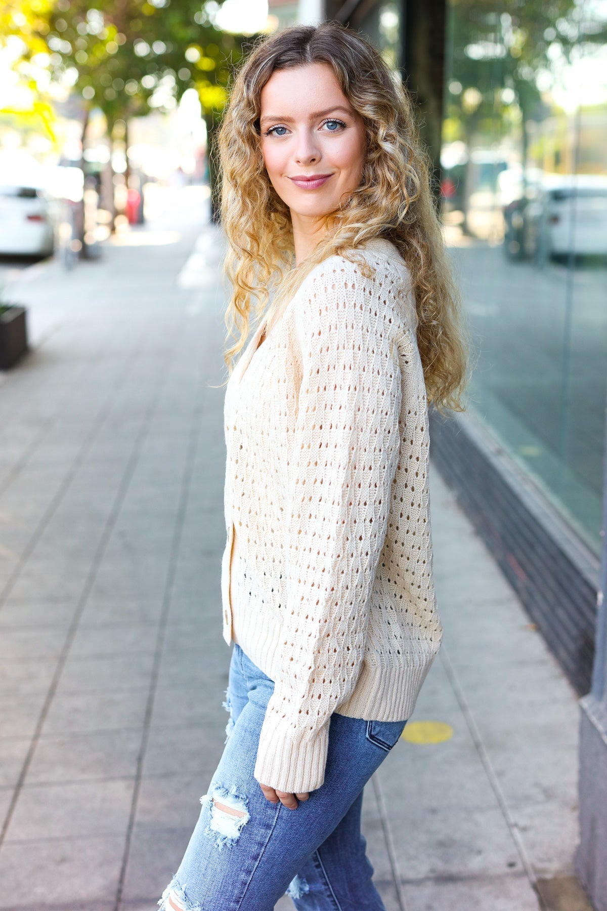 Oatmeal Pointelle Knit Button Down Cardigan