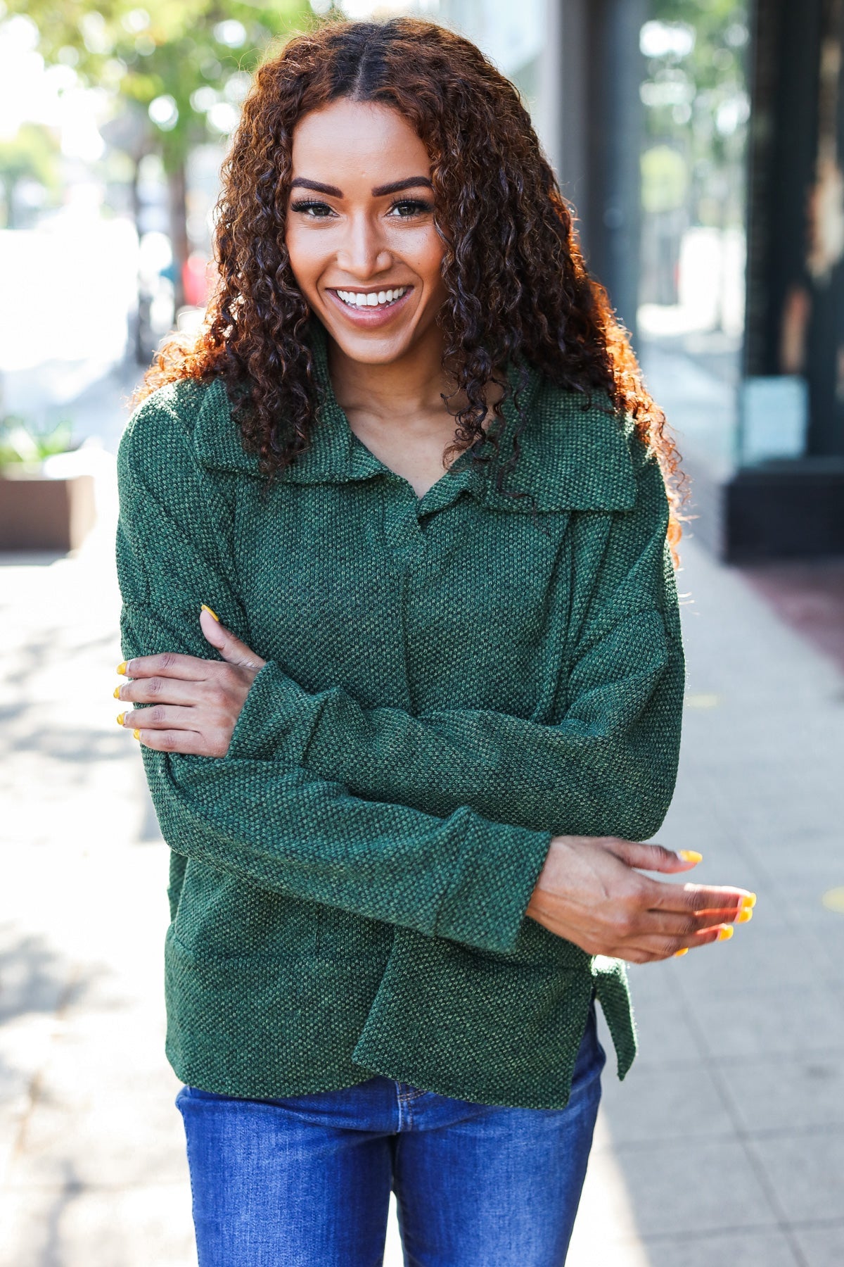 Olive Textured Knit Notch Neck Oversized Collar Sweater