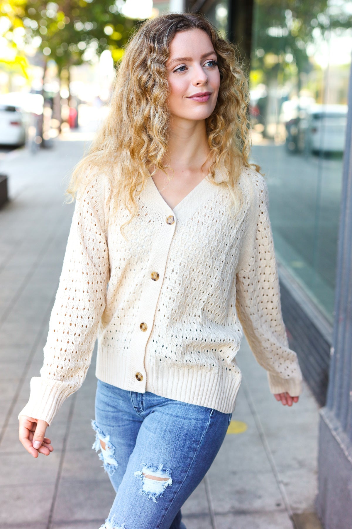 Oatmeal Pointelle Knit Button Down Cardigan