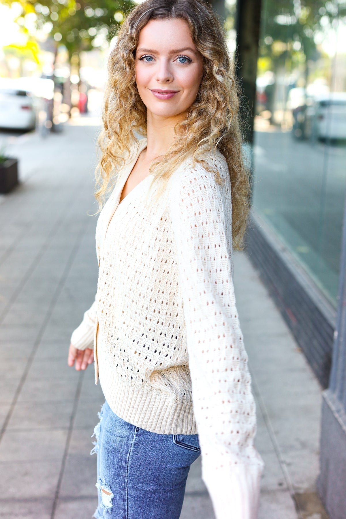 Oatmeal Pointelle Knit Button Down Cardigan