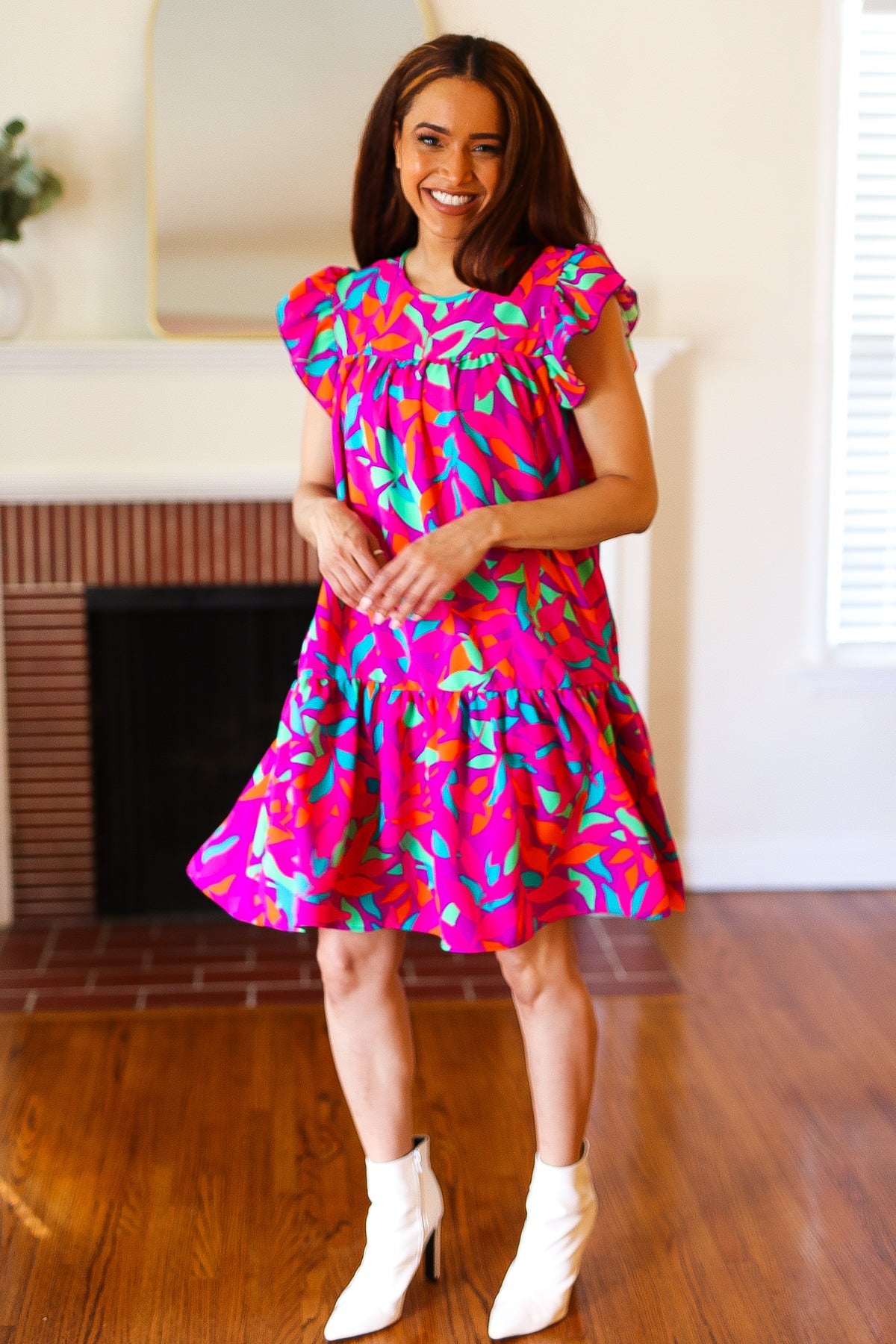 Purple Abstract Leaf Tiered Ruffle Sleeve Dress