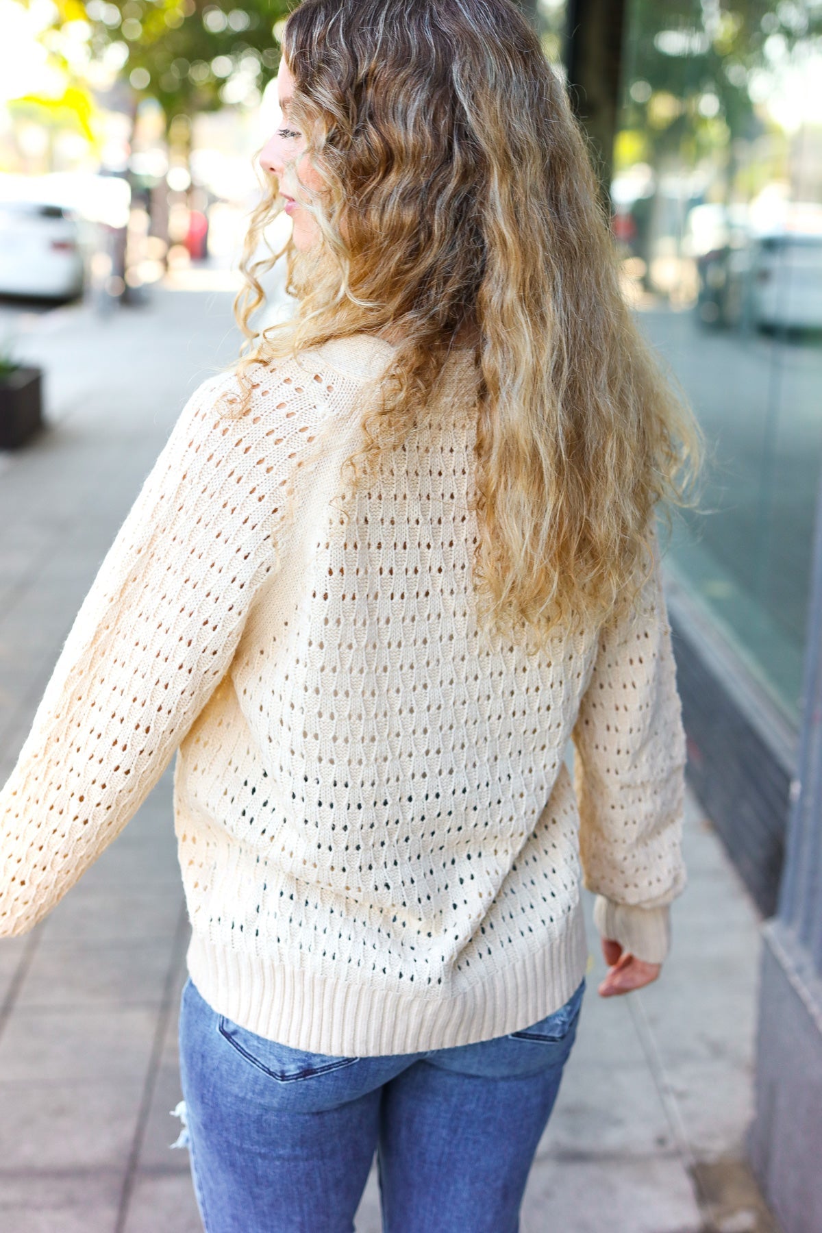 Oatmeal Pointelle Knit Button Down Cardigan