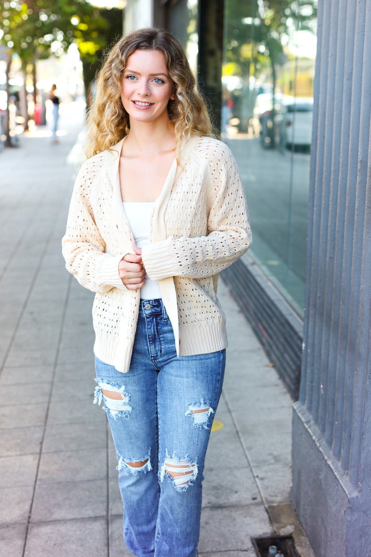 Oatmeal Pointelle Knit Button Down Cardigan