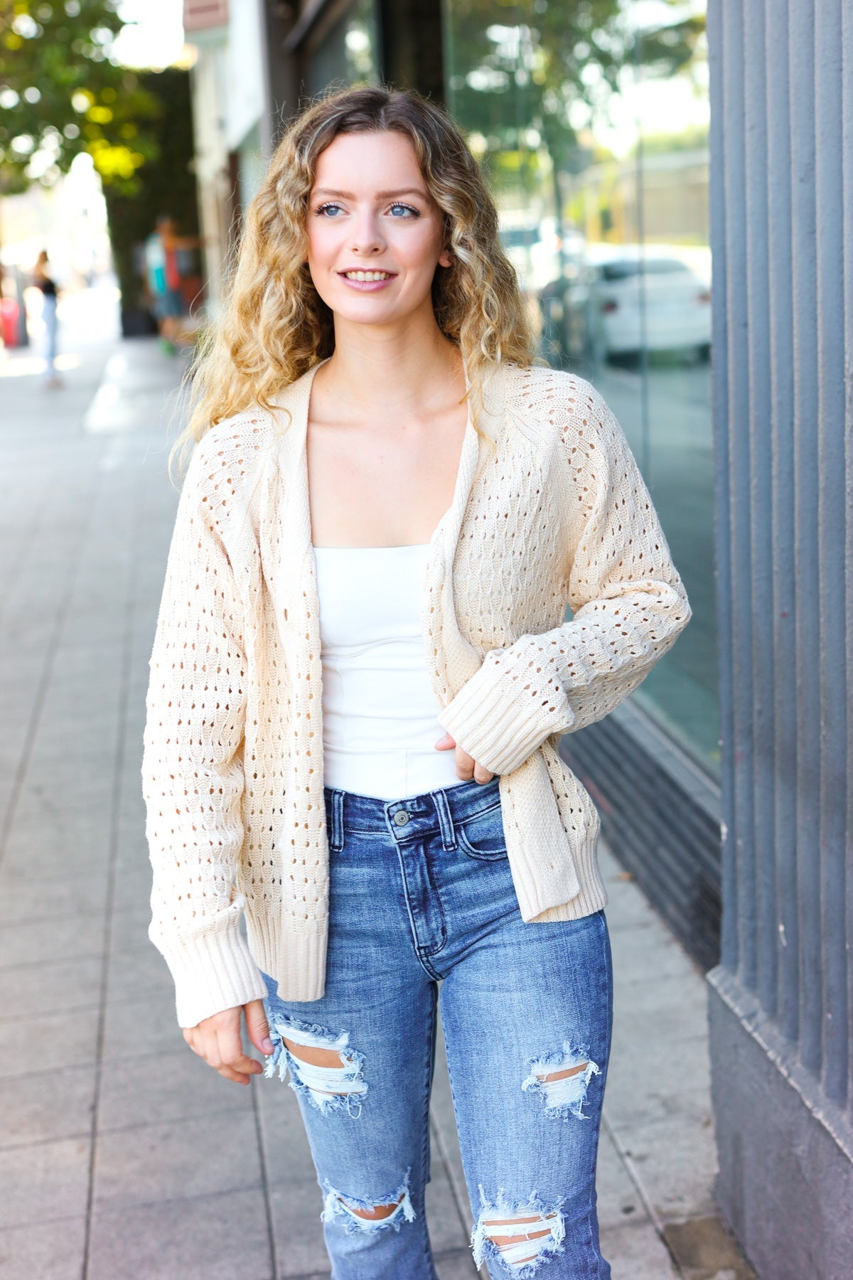 Oatmeal Pointelle Knit Button Down Cardigan