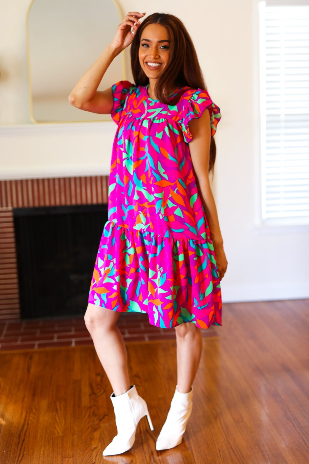 Purple Abstract Leaf Tiered Ruffle Sleeve Dress