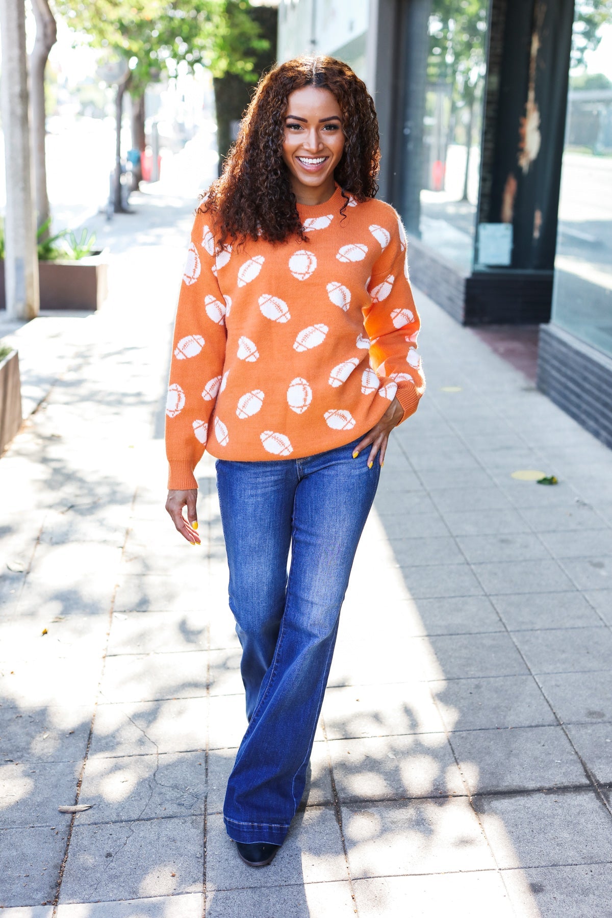 Orange Football Print Jacquard Knit Sweater