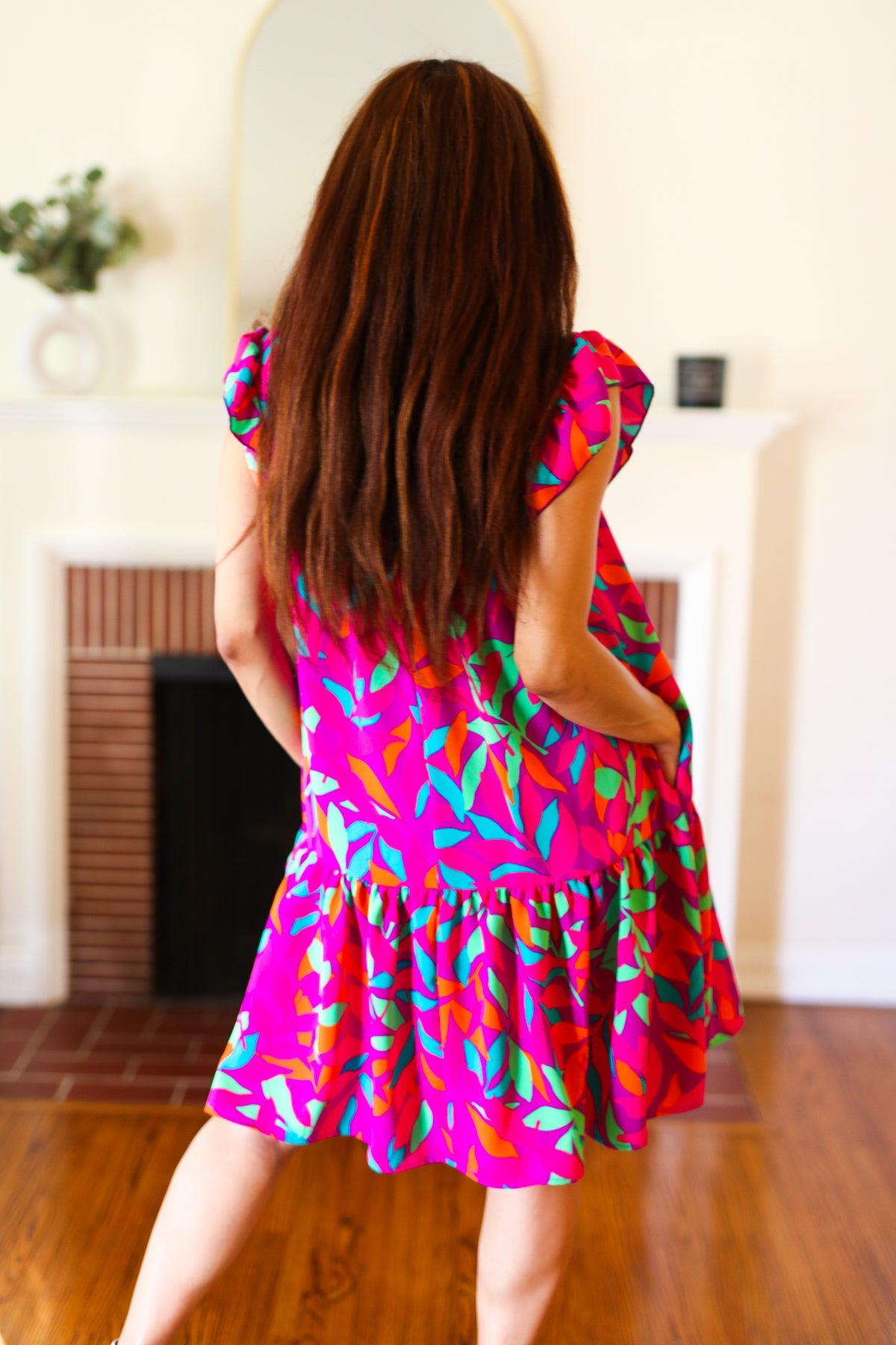 Purple Abstract Leaf Tiered Ruffle Sleeve Dress