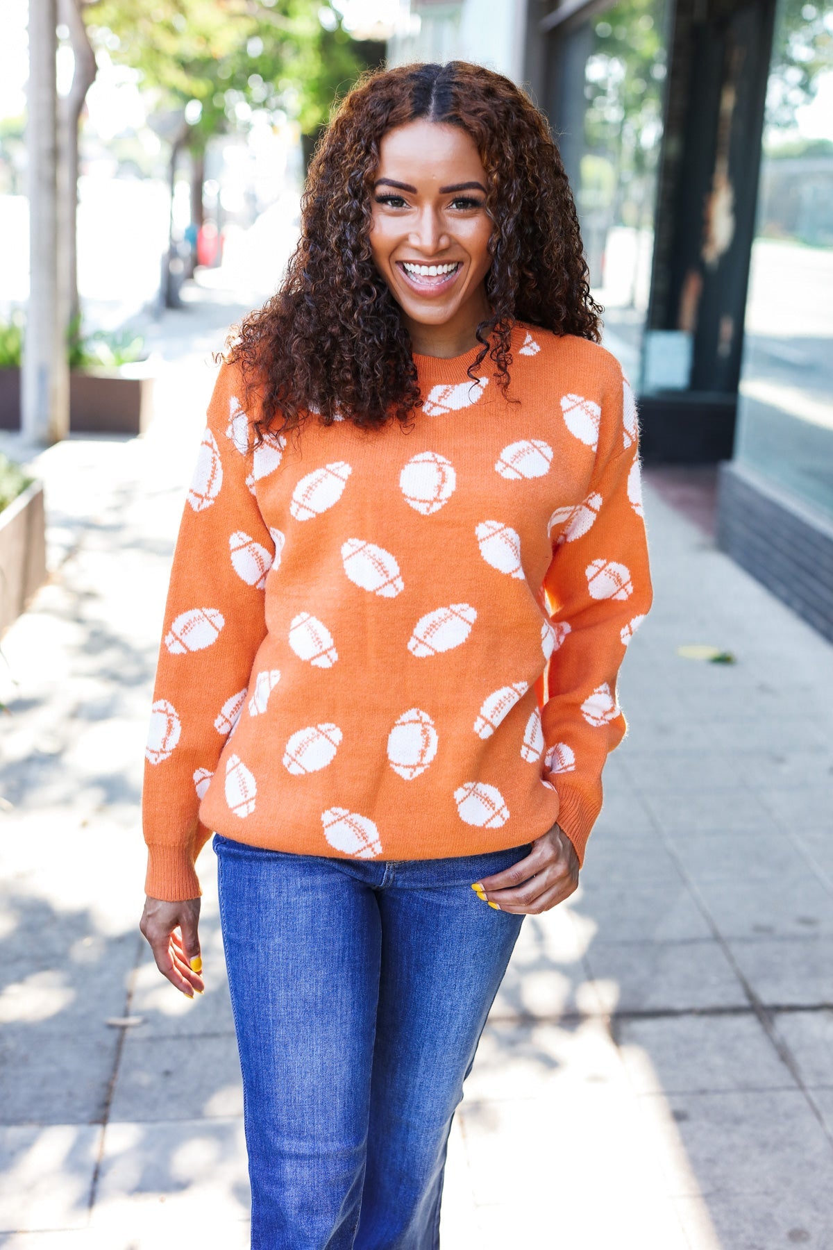 Orange Football Print Jacquard Knit Sweater