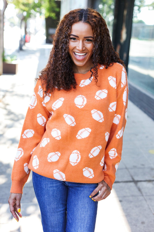 Orange Football Print Jacquard Knit Sweater