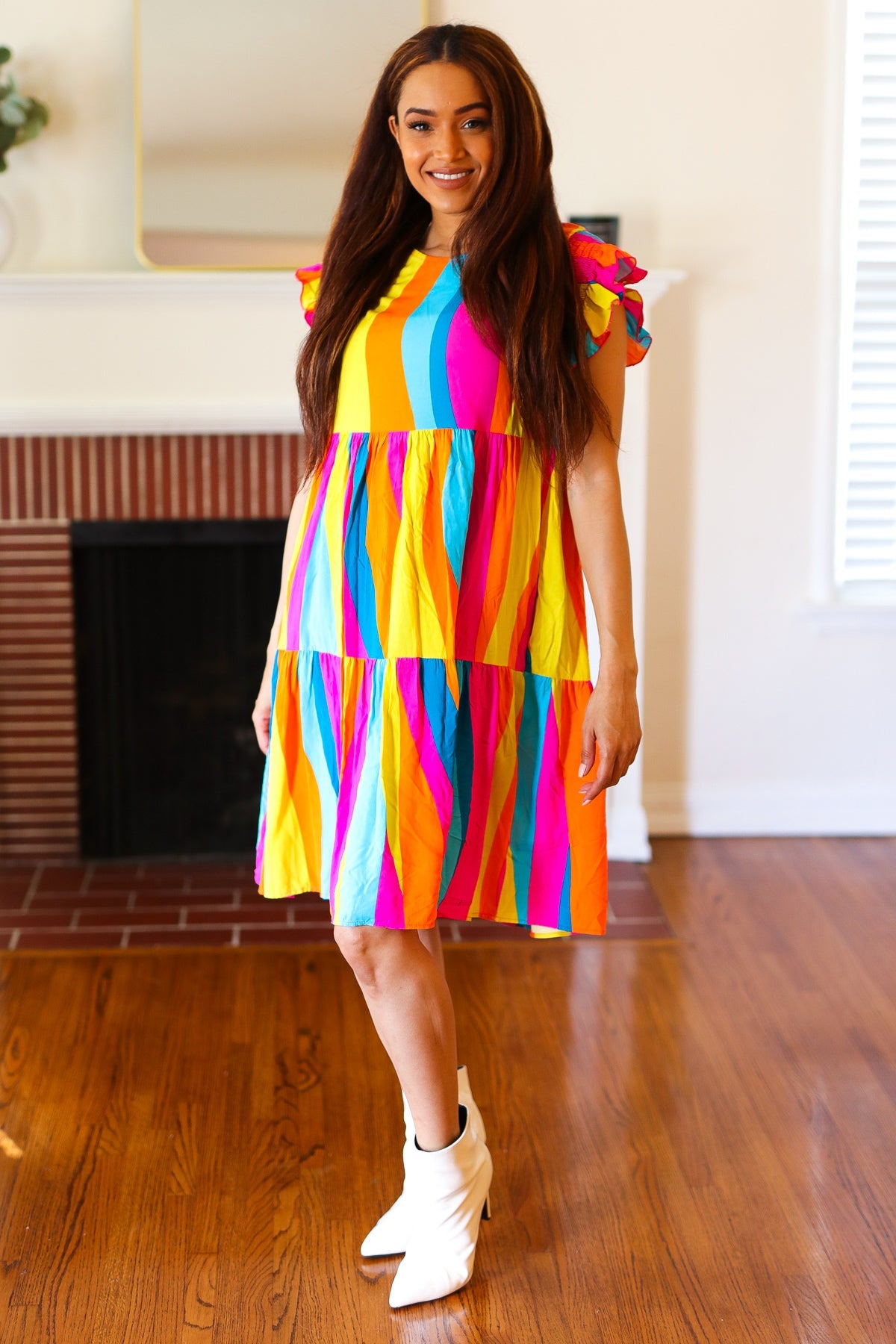 Multicolor Stripe Smocked Ruffle Sleeve Dress