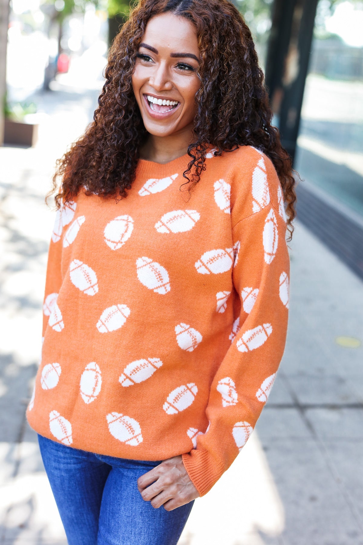 Orange Football Print Jacquard Knit Sweater