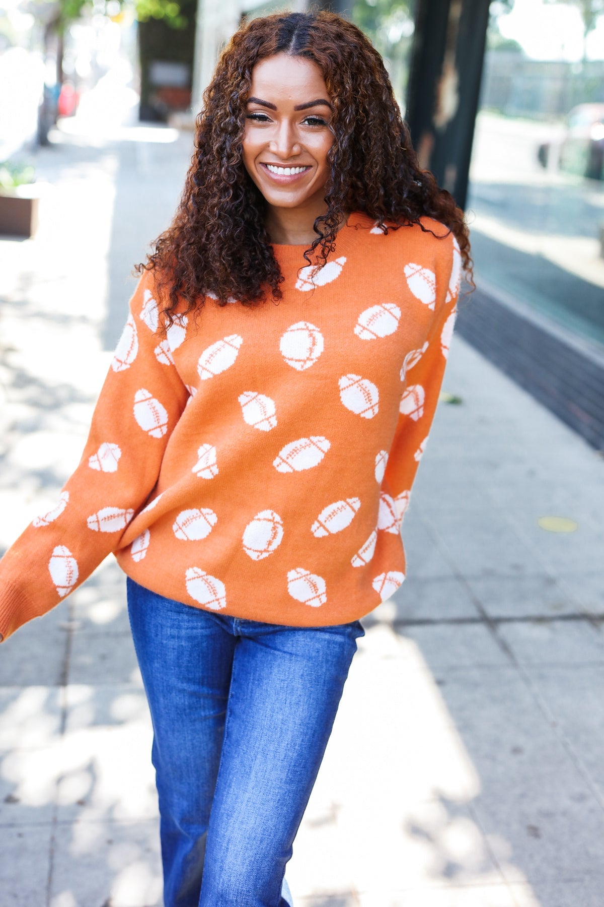 Orange Football Print Jacquard Knit Sweater