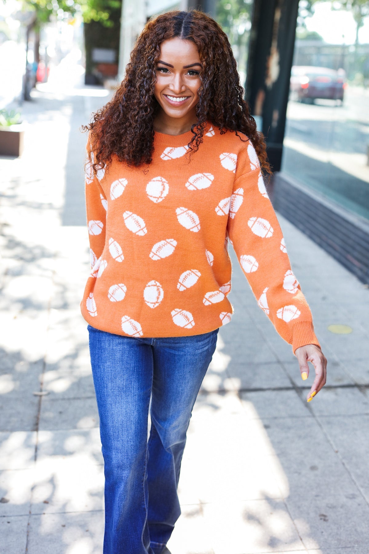 Orange Football Print Jacquard Knit Sweater