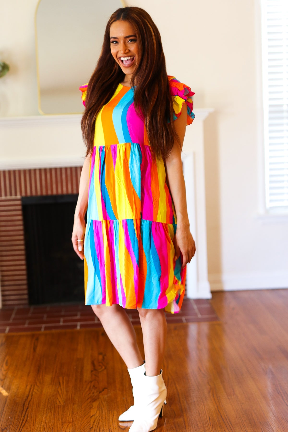 Multicolor Stripe Smocked Ruffle Sleeve Dress