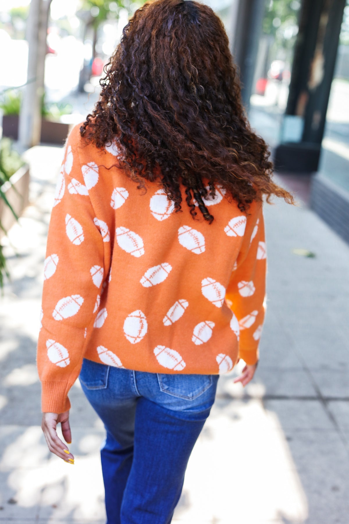 Orange Football Print Jacquard Knit Sweater