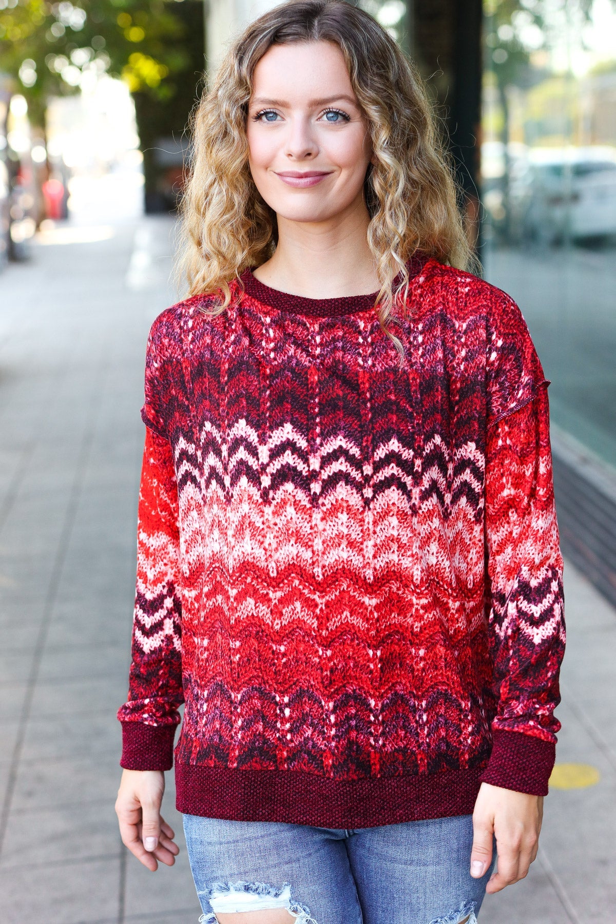 Wine Cable Knit Print Hacci Knit Sweater