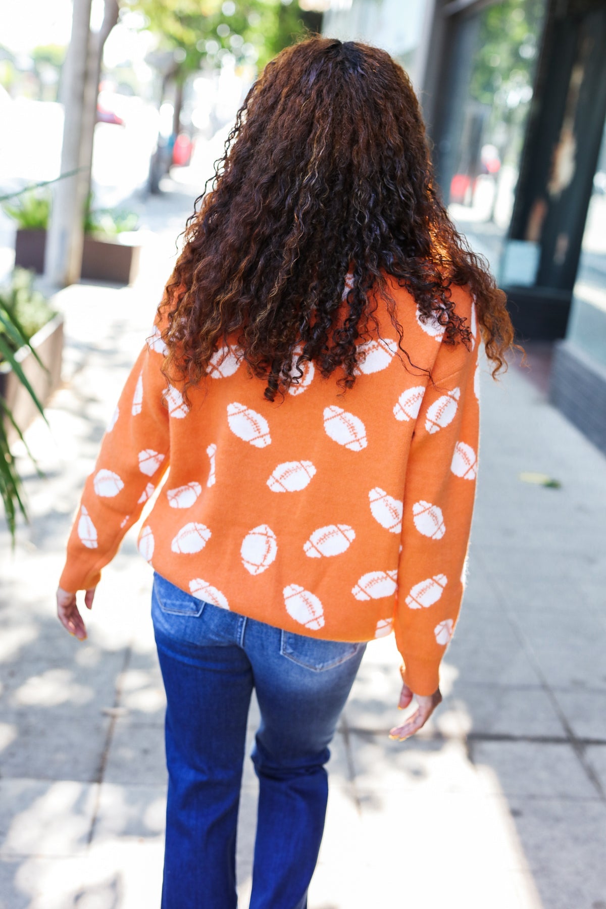 Orange Football Print Jacquard Knit Sweater