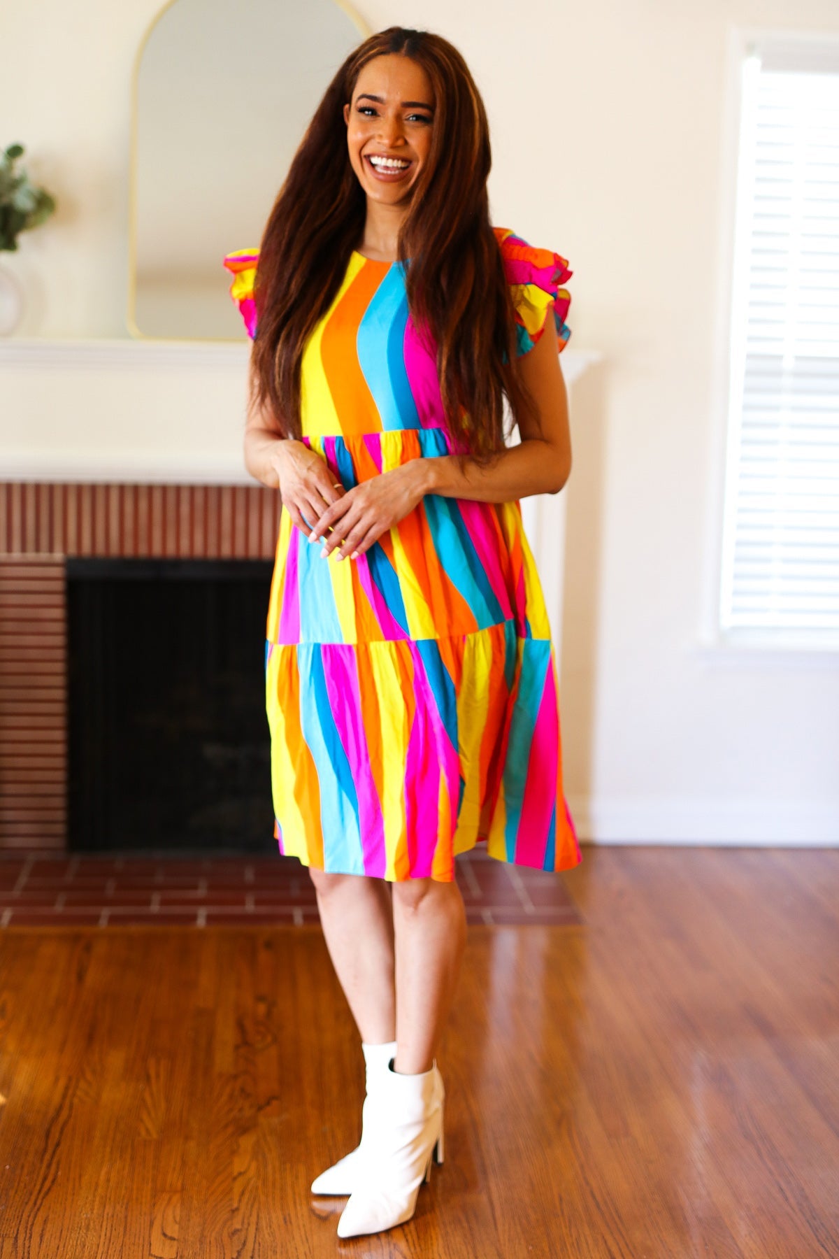 Multicolor Stripe Smocked Ruffle Sleeve Dress