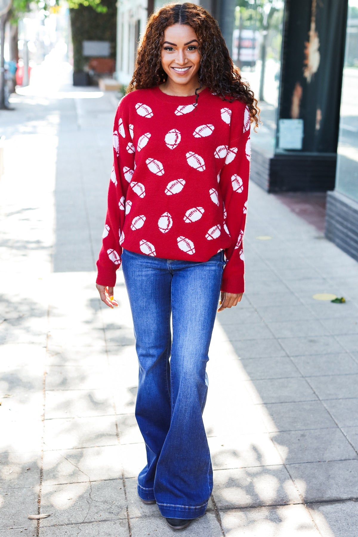 Red Football Print Jacquard Knit Sweater