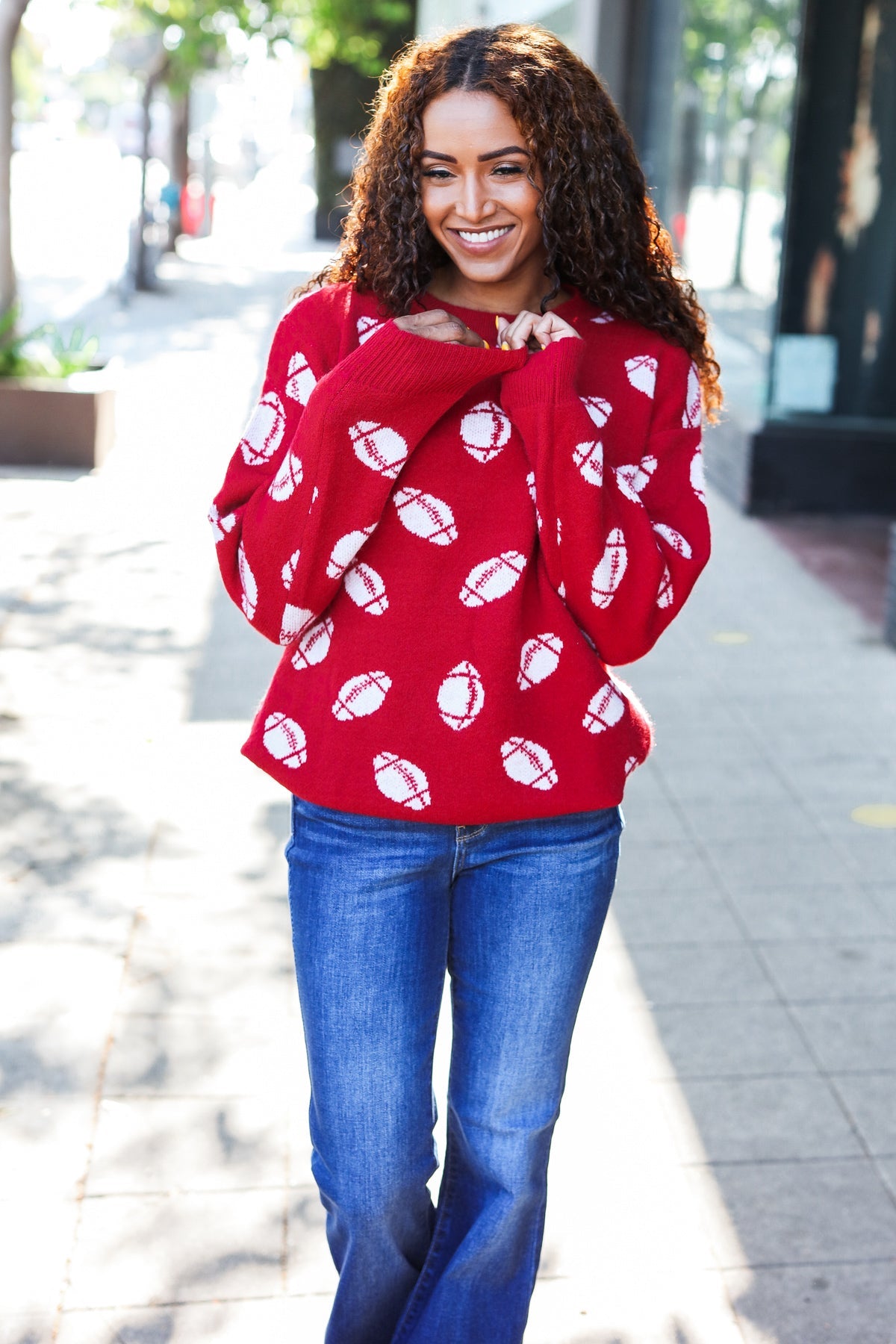 Red Football Print Jacquard Knit Sweater