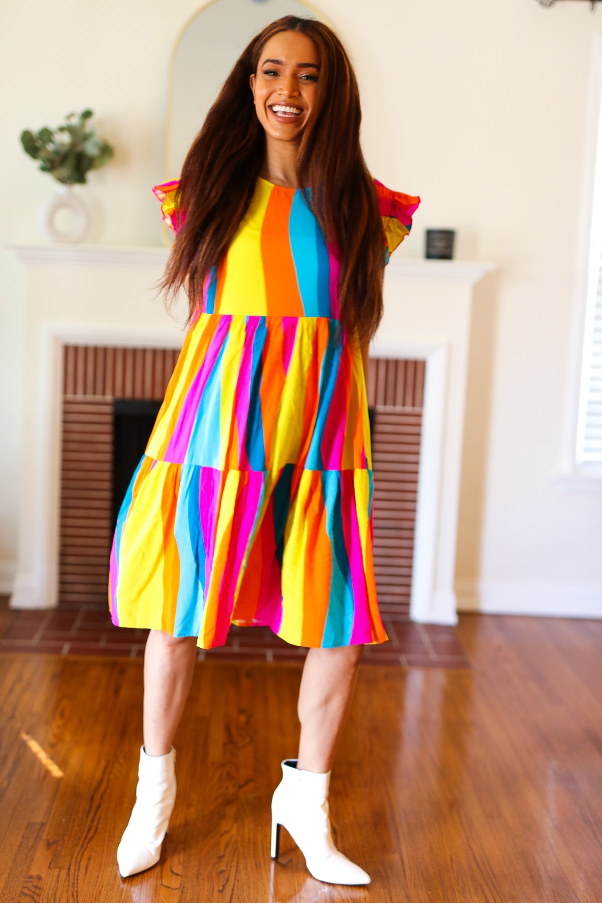 Multicolor Stripe Smocked Ruffle Sleeve Dress