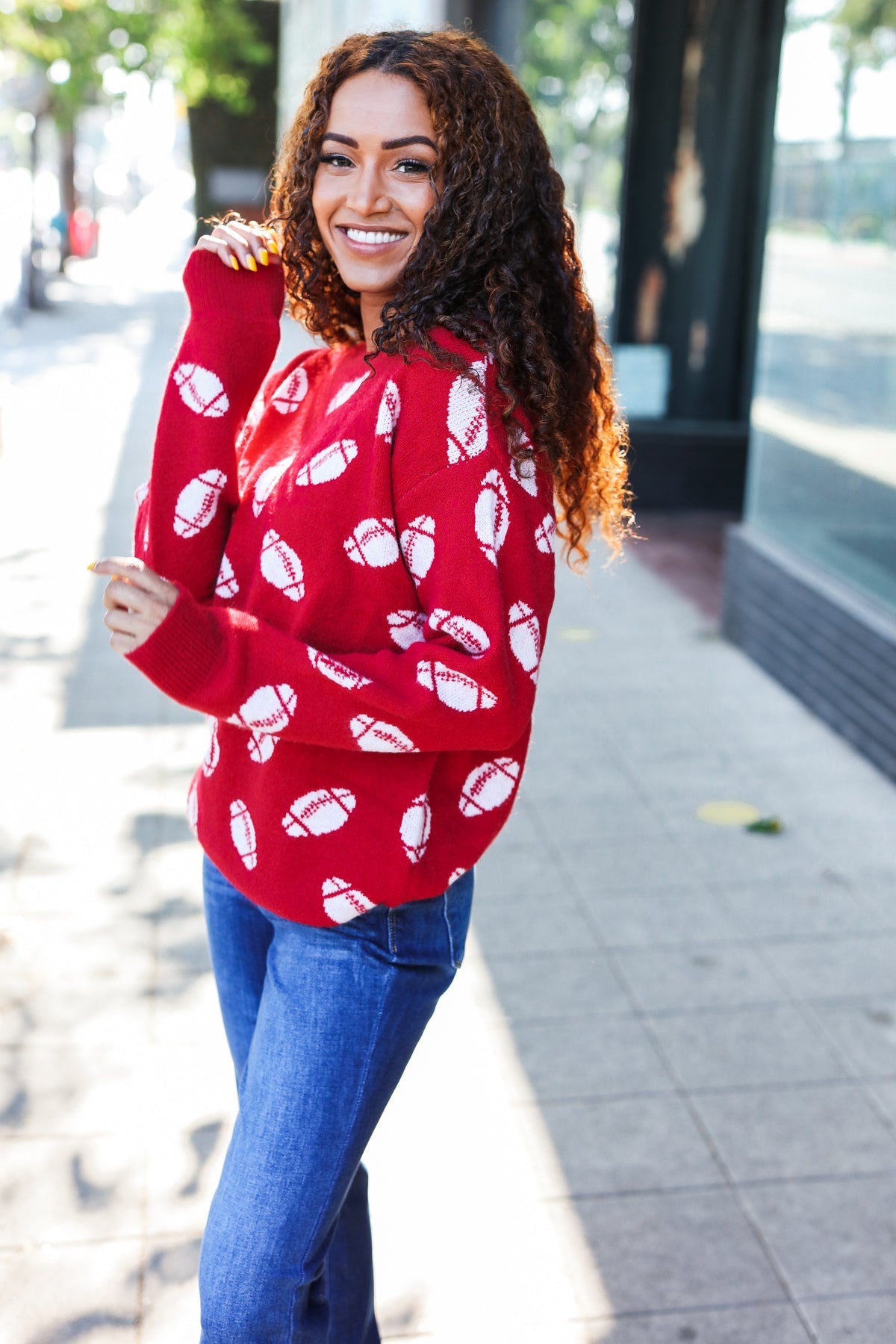 Red Football Print Jacquard Knit Sweater