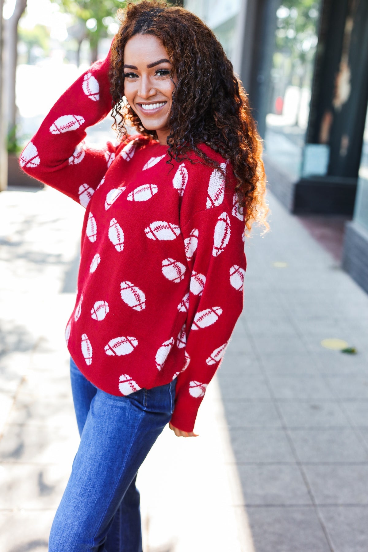 Red Football Print Jacquard Knit Sweater