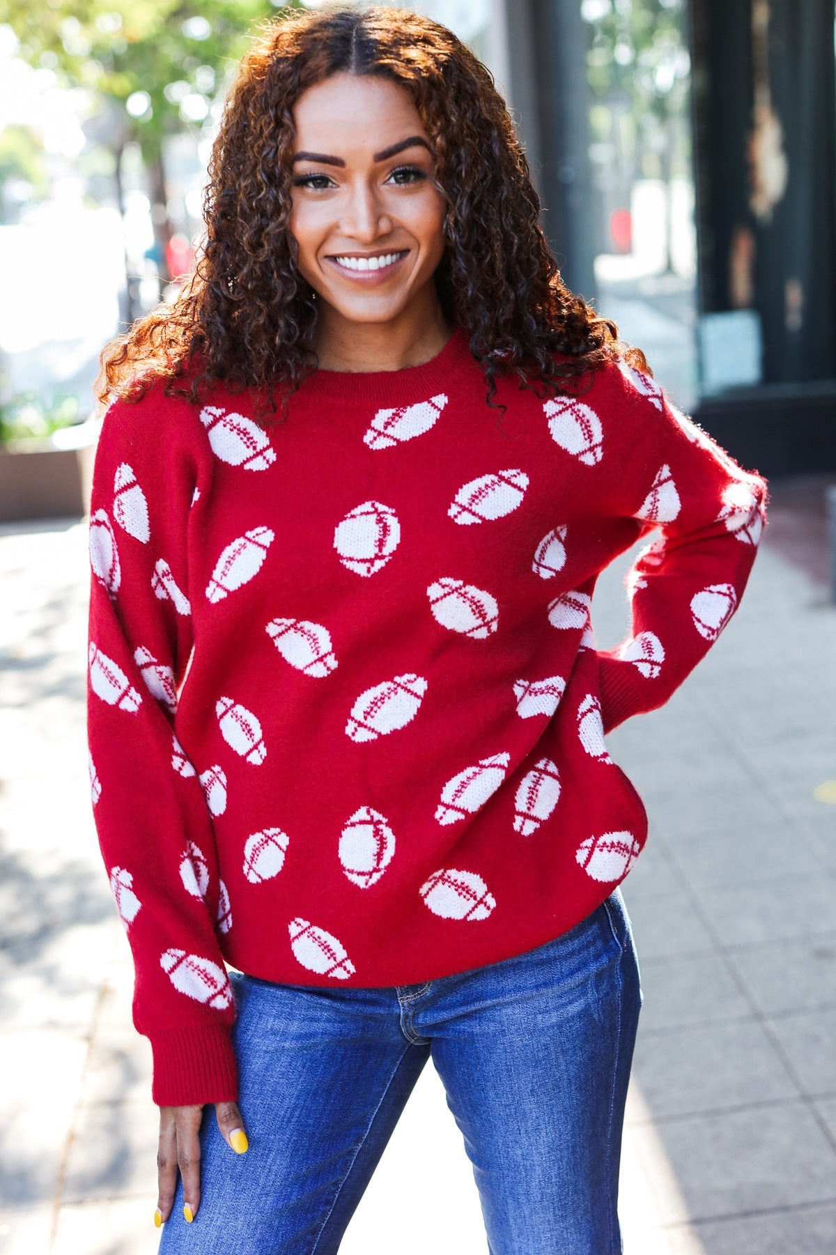 Red Football Print Jacquard Knit Sweater