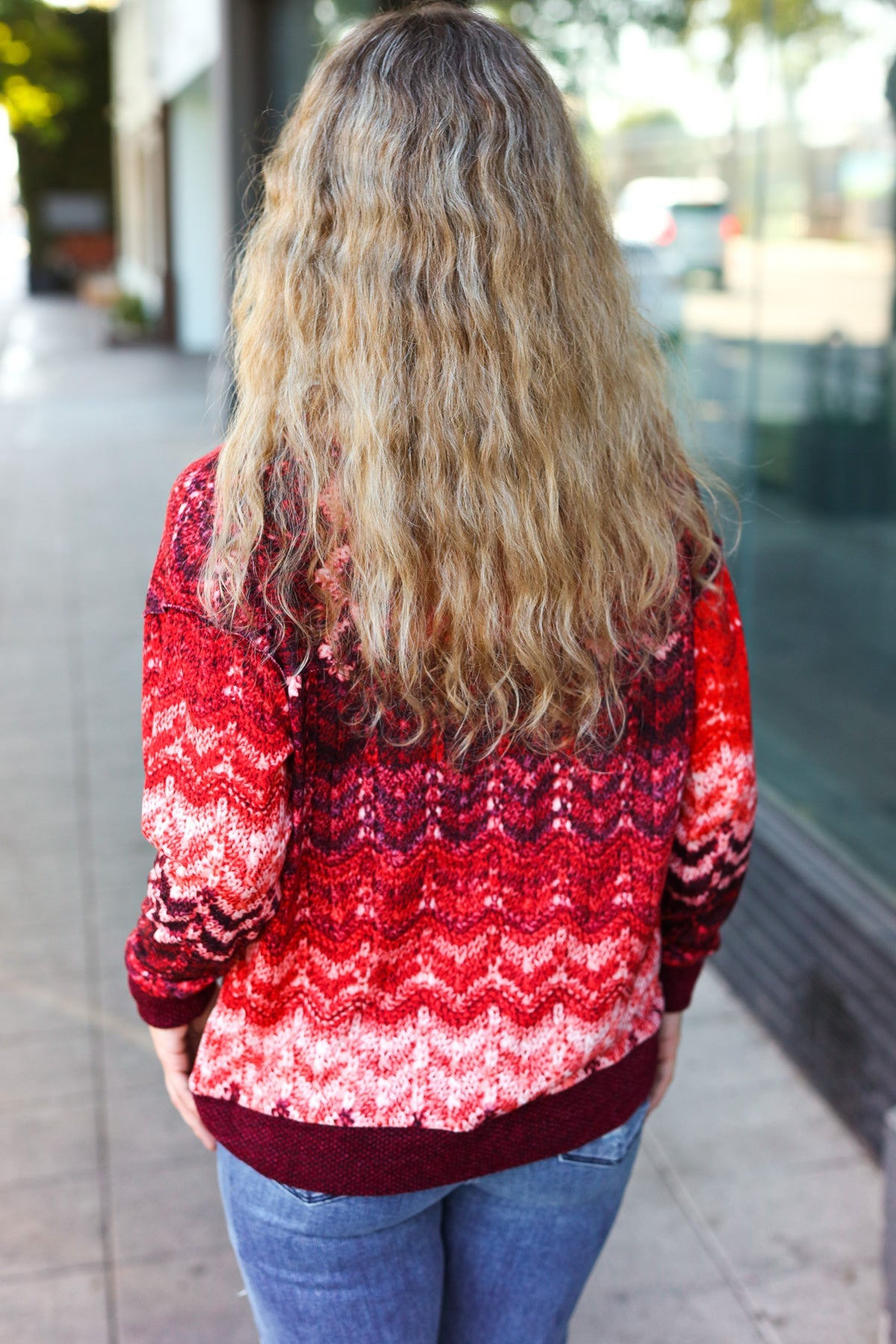 Wine Cable Knit Print Hacci Knit Sweater