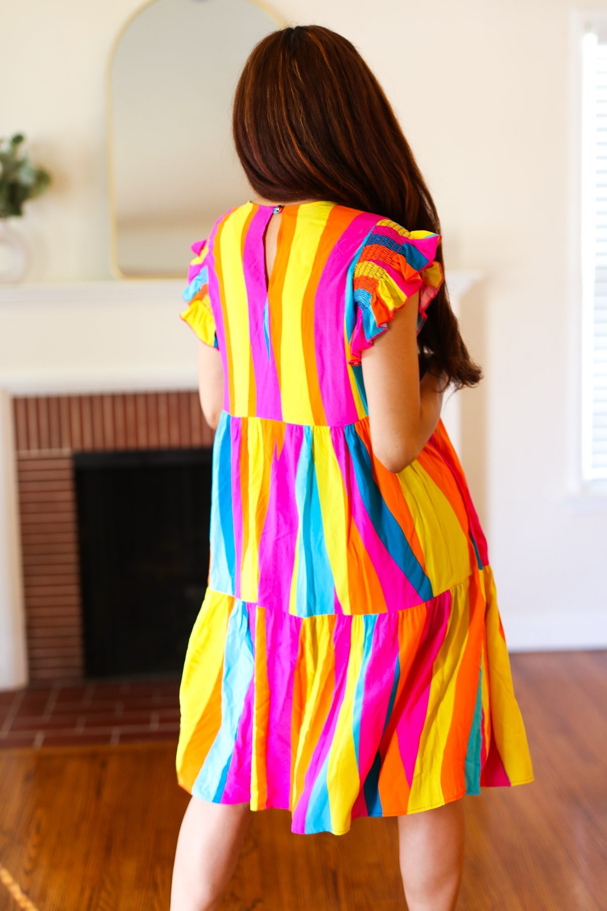 Multicolor Stripe Smocked Ruffle Sleeve Dress