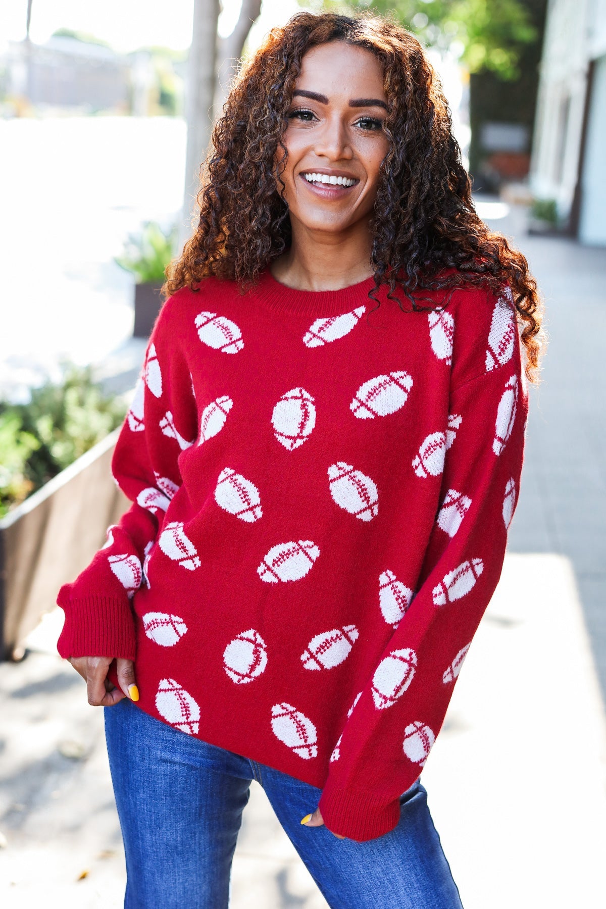 Red Football Print Jacquard Knit Sweater