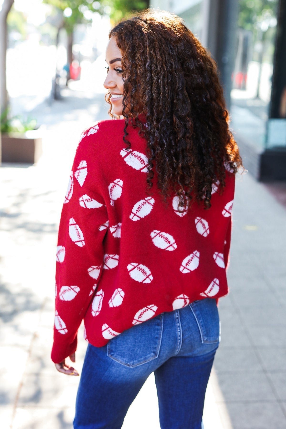 Red Football Print Jacquard Knit Sweater