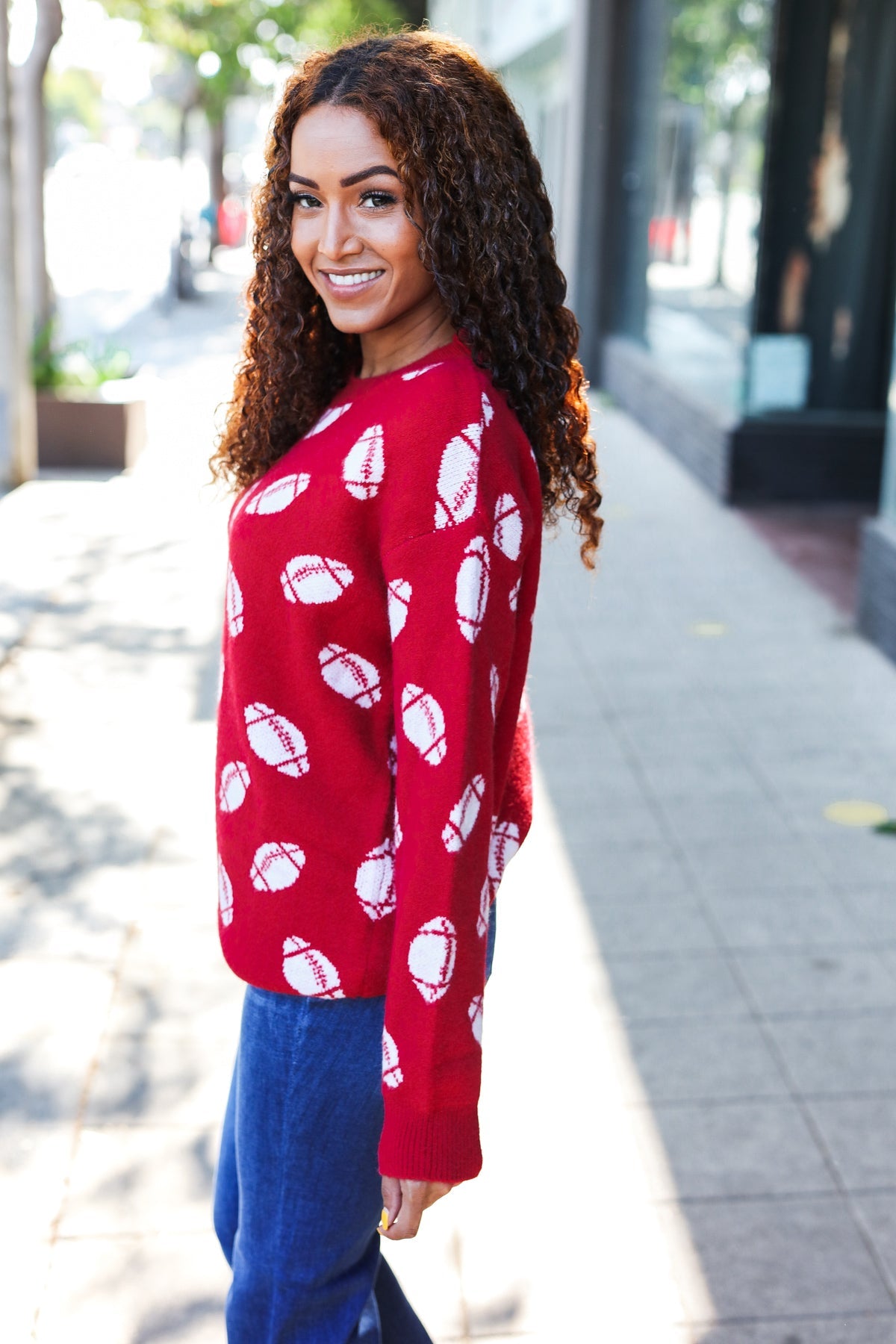 Red Football Print Jacquard Knit Sweater