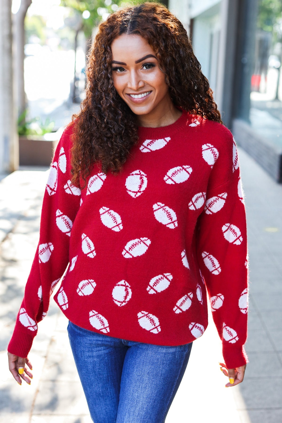 Red Football Print Jacquard Knit Sweater