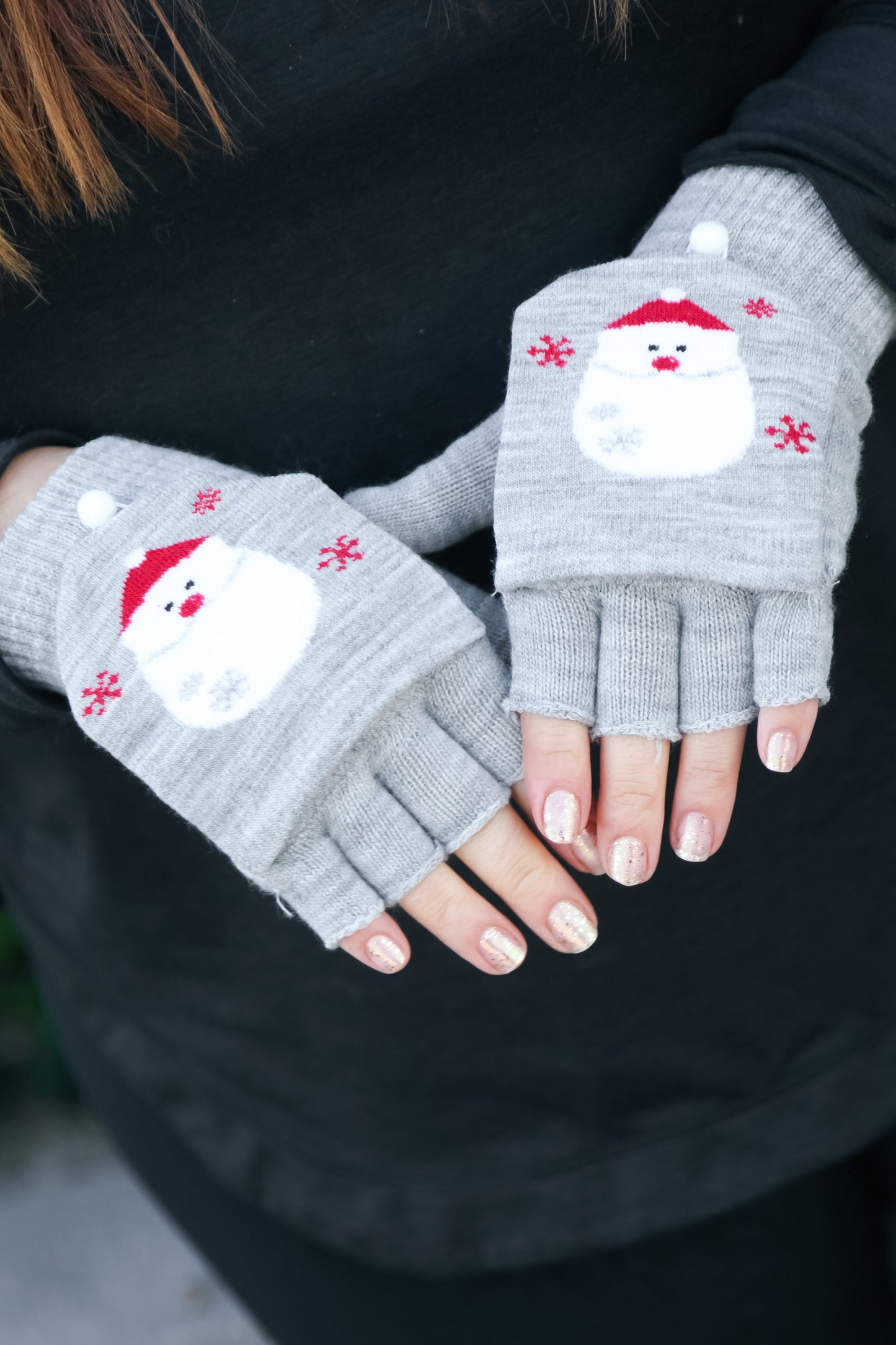 Grey Santa Claus Fingerless Gloves with Convertible Mittens