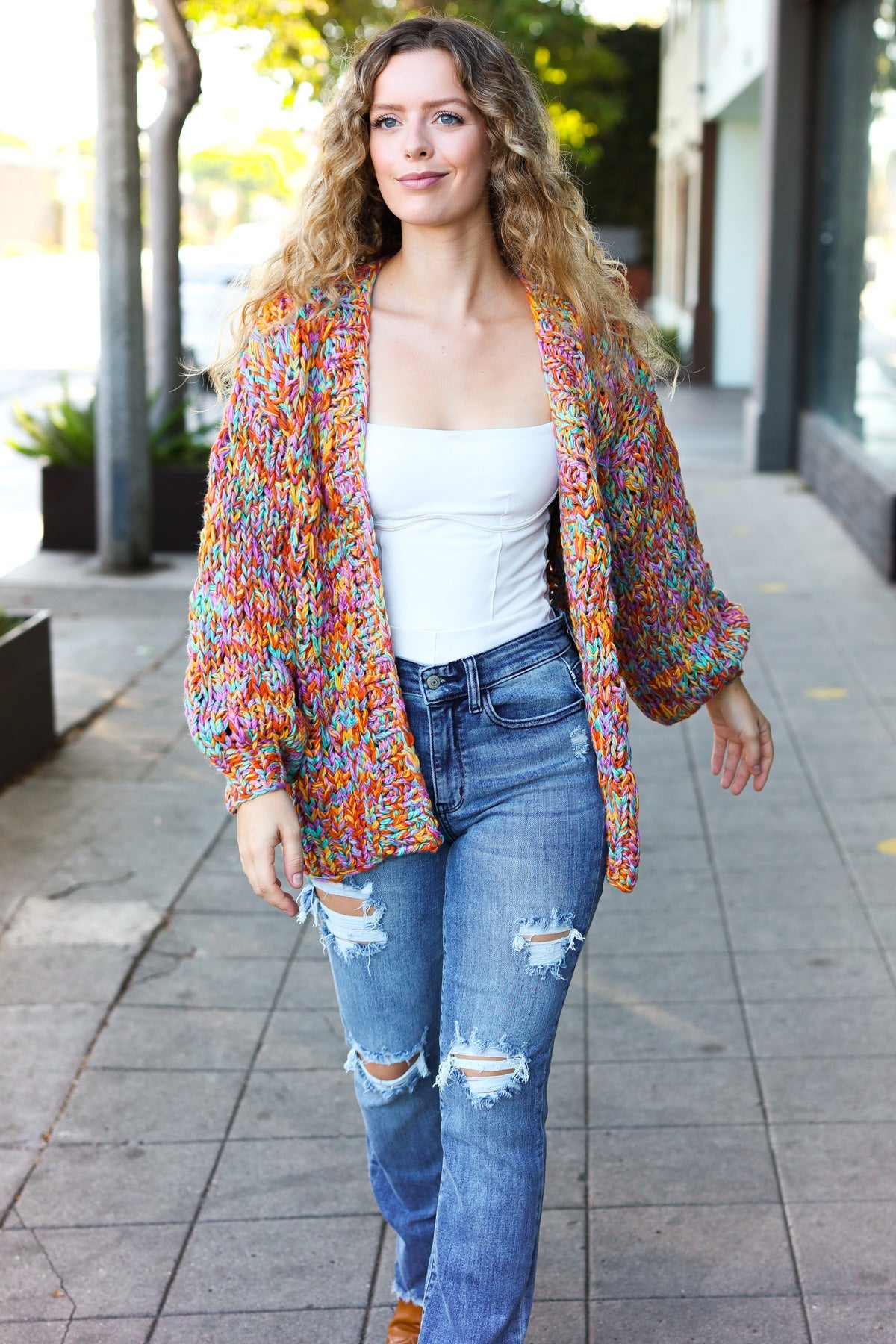 Multicolor Chunky Knit Open Cardigan