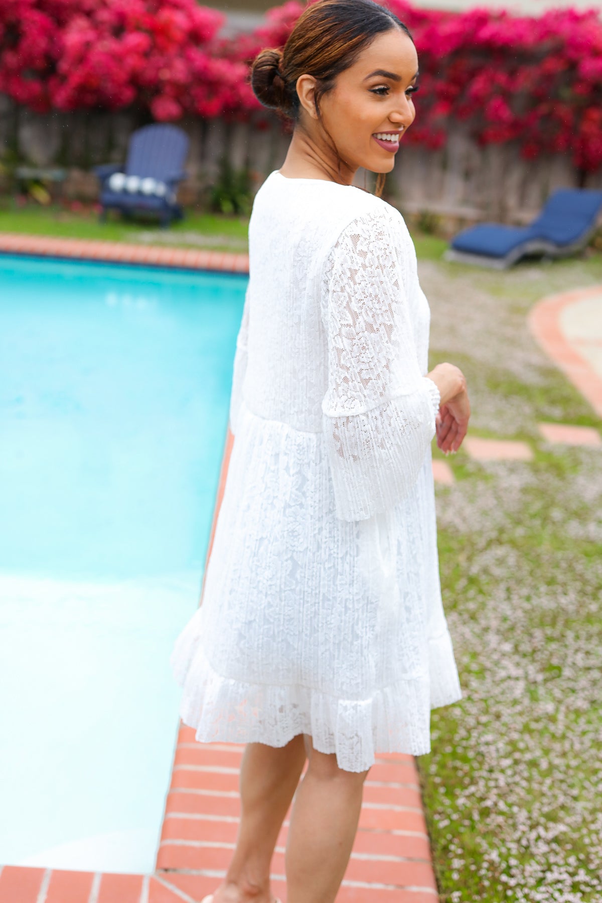 White Accordion Pleated Lace Square Neck Dress