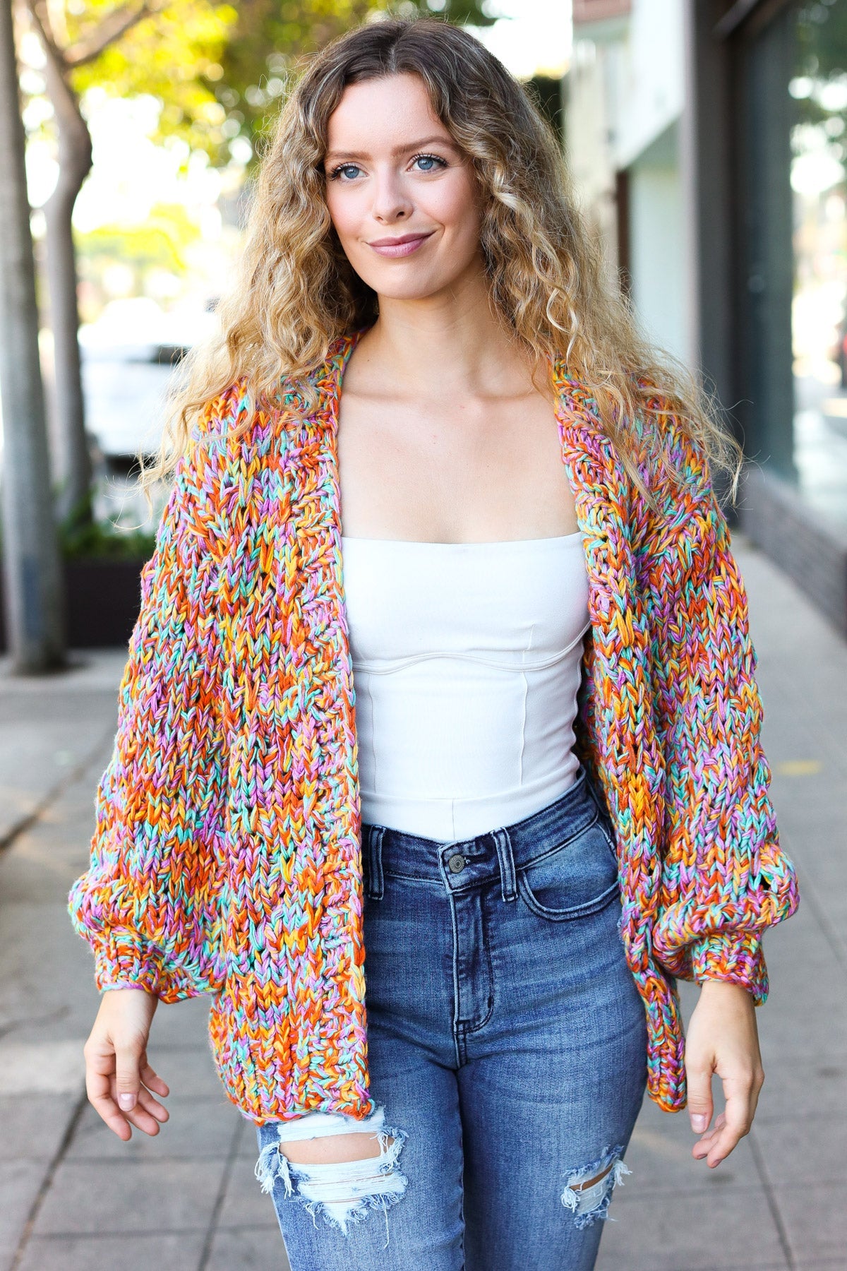 Multicolor Chunky Knit Open Cardigan