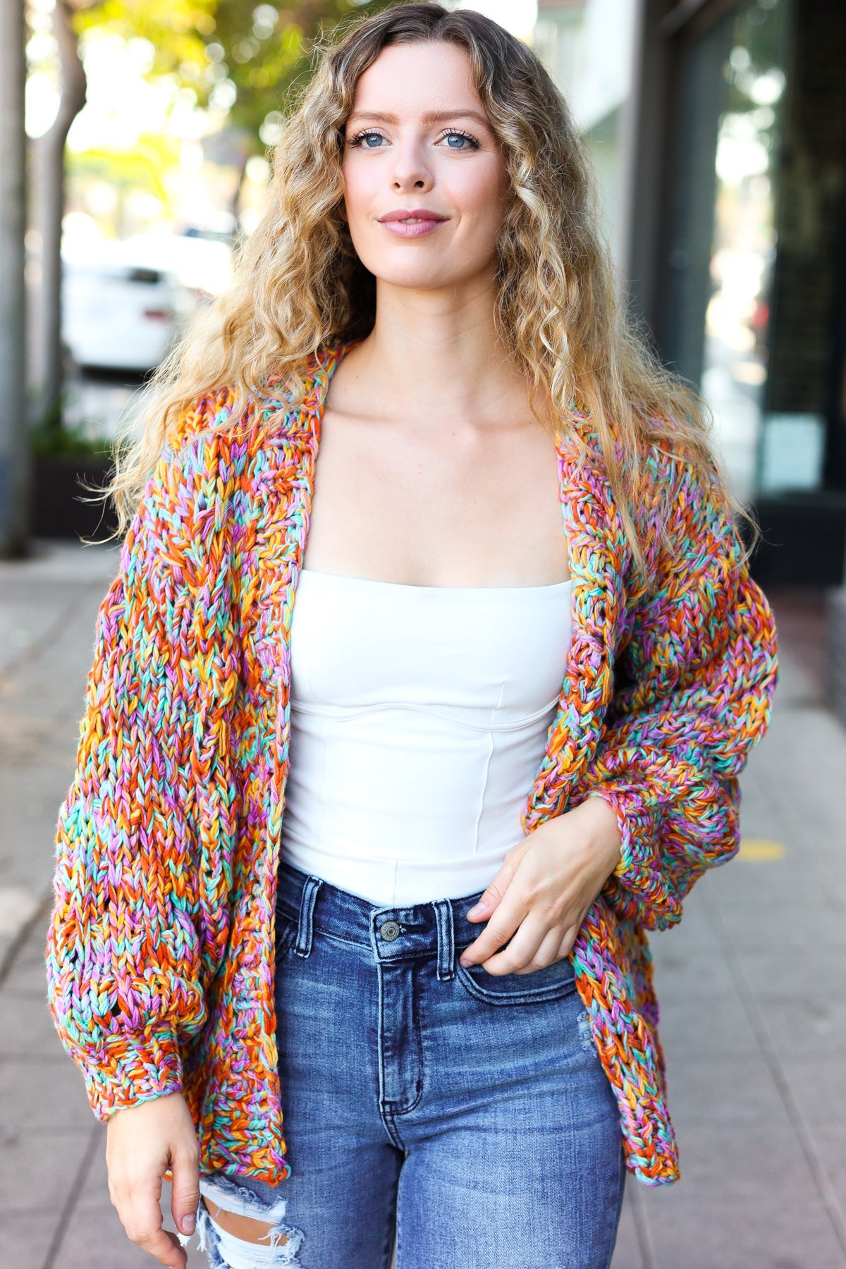 Multicolor Chunky Knit Open Cardigan