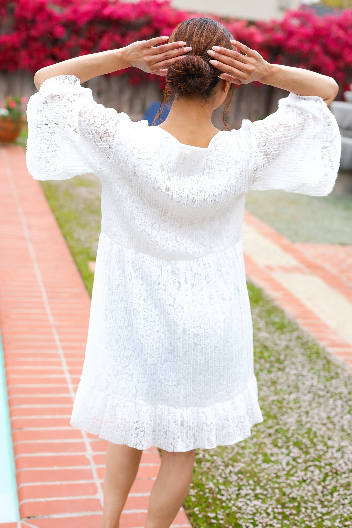 White Accordion Pleated Lace Square Neck Dress