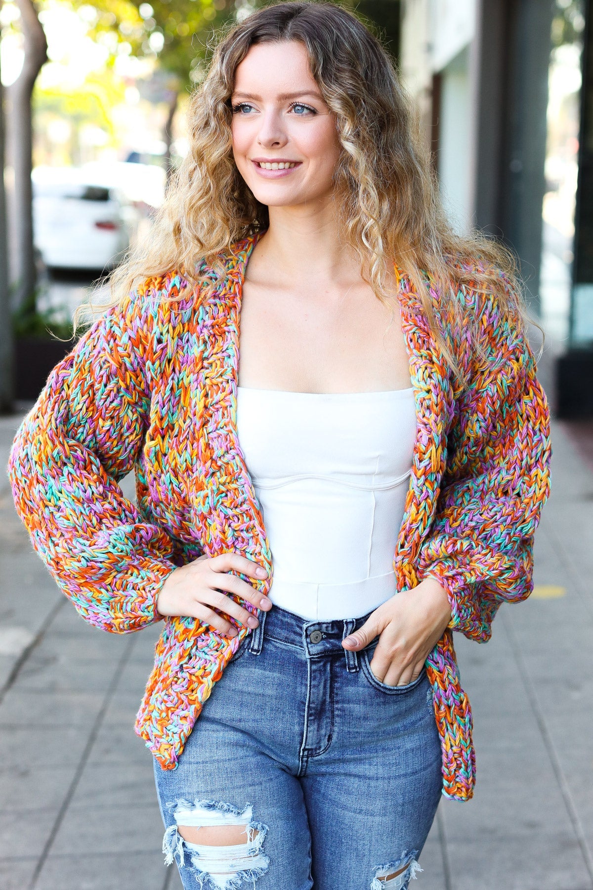 Multicolor Chunky Knit Open Cardigan