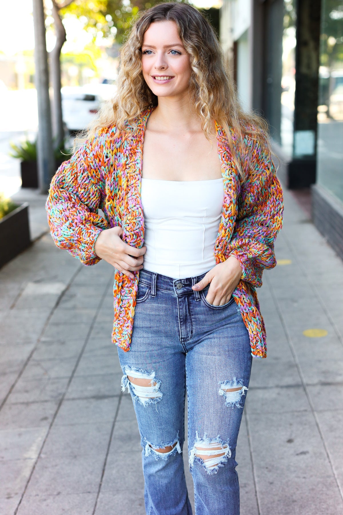 Multicolor Chunky Knit Open Cardigan