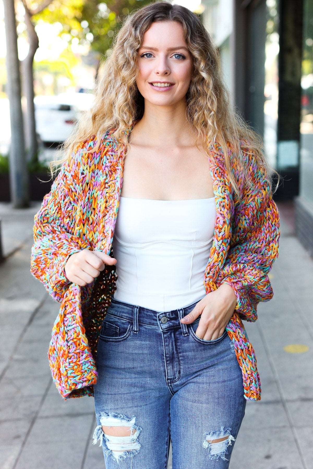 Multicolor Chunky Knit Open Cardigan