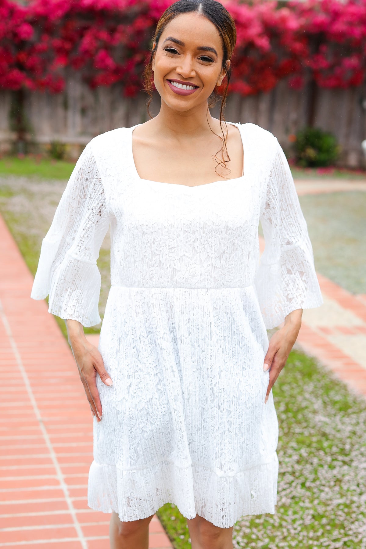 White Accordion Pleated Lace Square Neck Dress