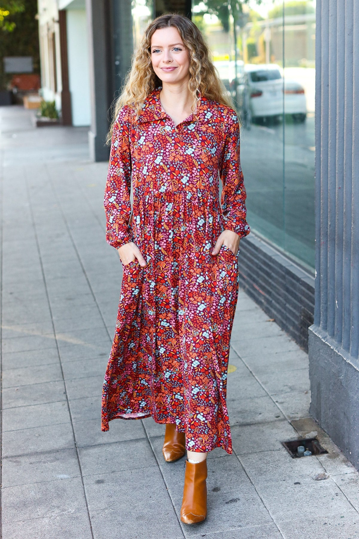 Burgundy Floral Collared Fit & Flare Maxi Dress