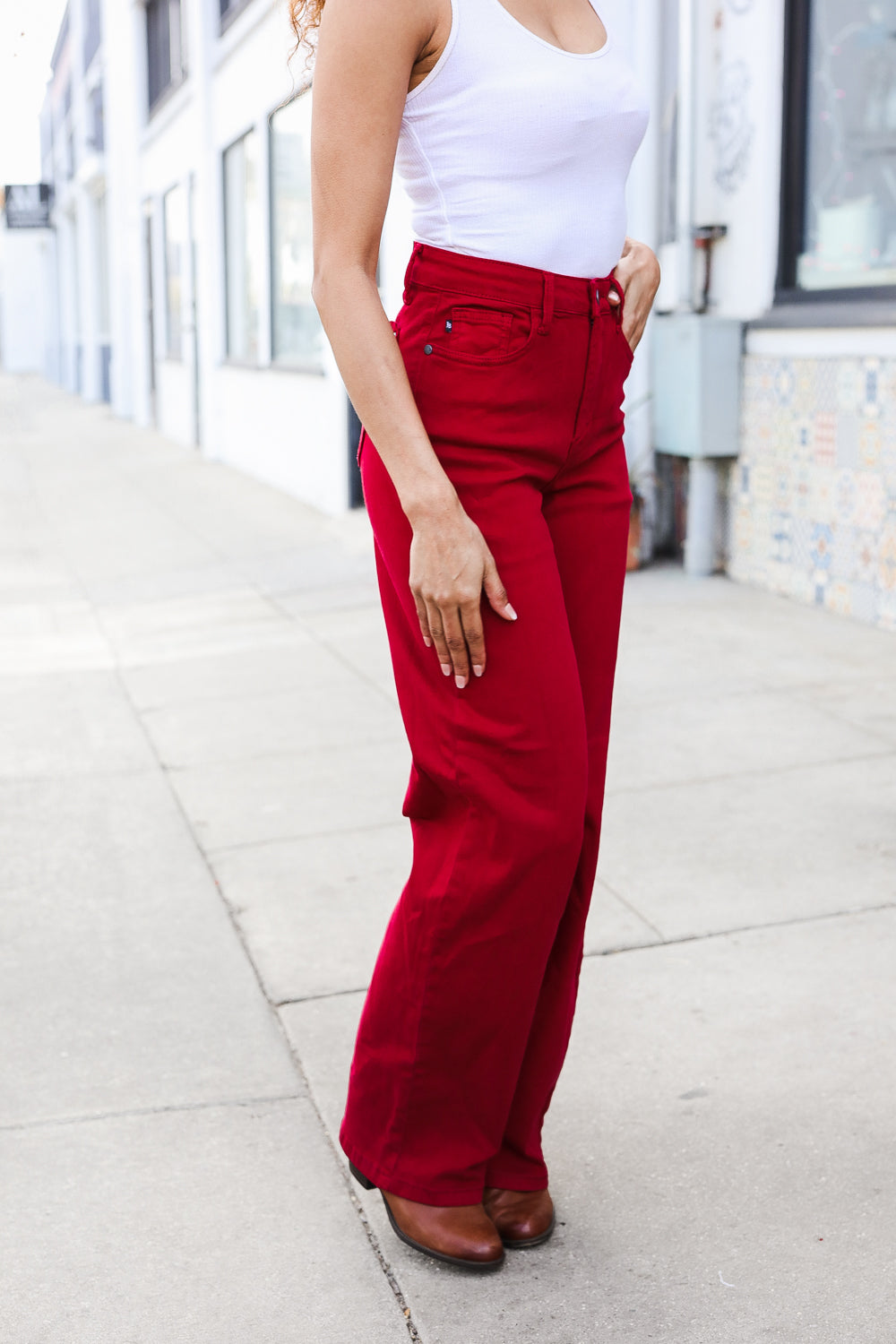 Red Heart Shaped Pocket High Rise Straight Leg Jeans