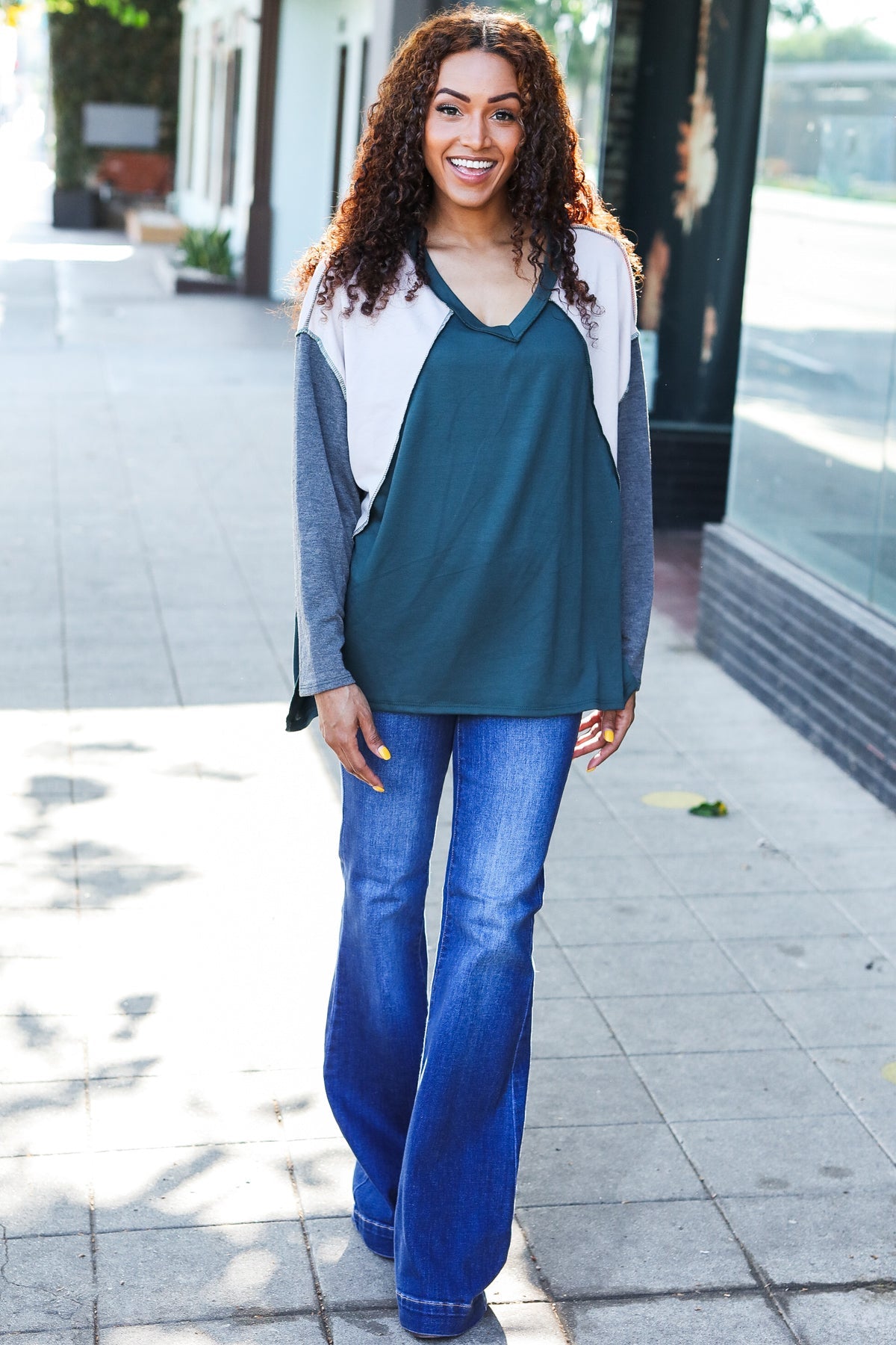 Hunter Green V Neck Raglan Color Block Outseam Top